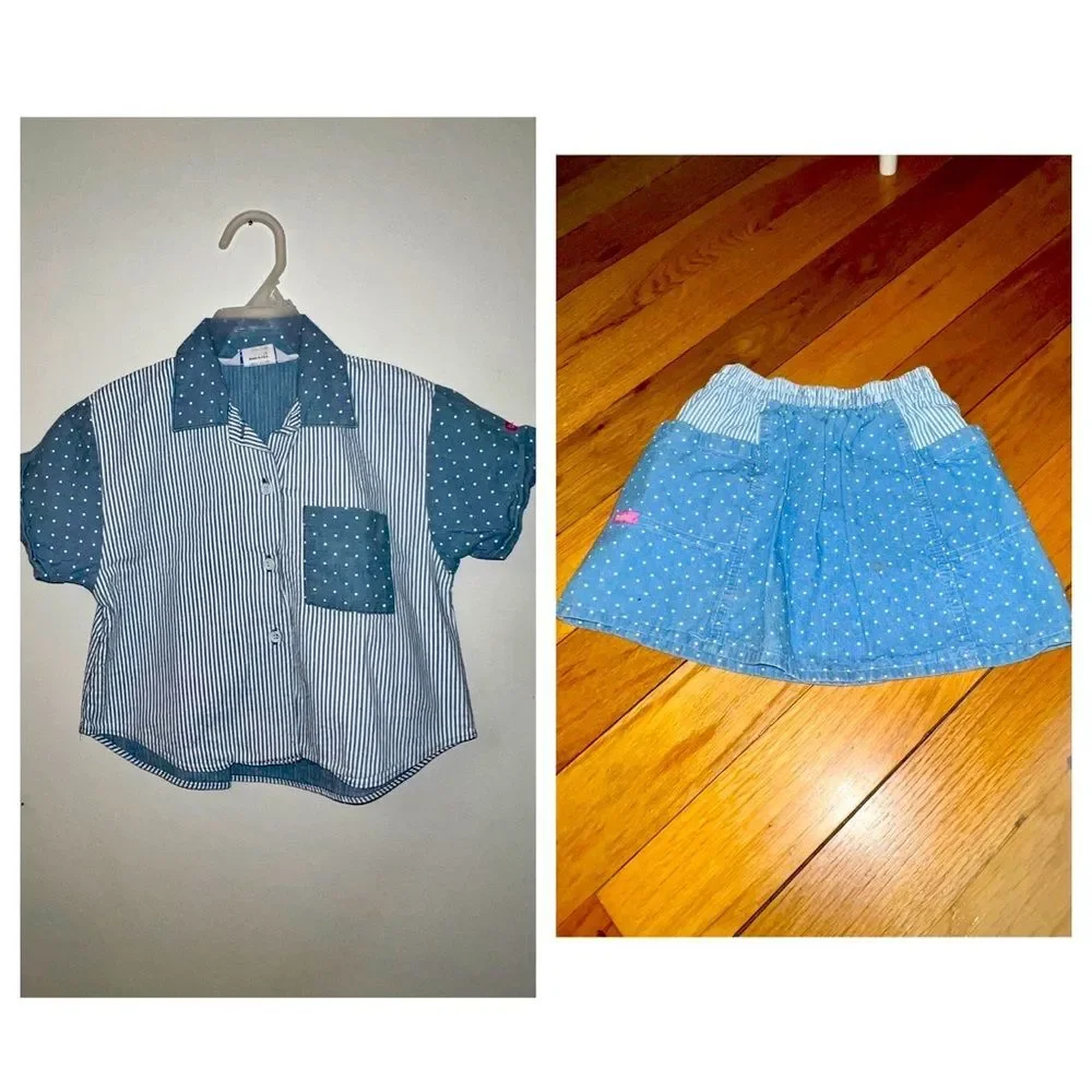 Vintage‎ 1990s Oshkosh Polka Dot Denim Shirt and Pocket Skirt Set